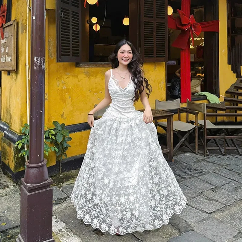 Lace Camis Dress for Women Y2K French Sexy V Neck Sleeveless Midi Dress Summer Chic Spaghetti Straps Party Night Female Vestidos