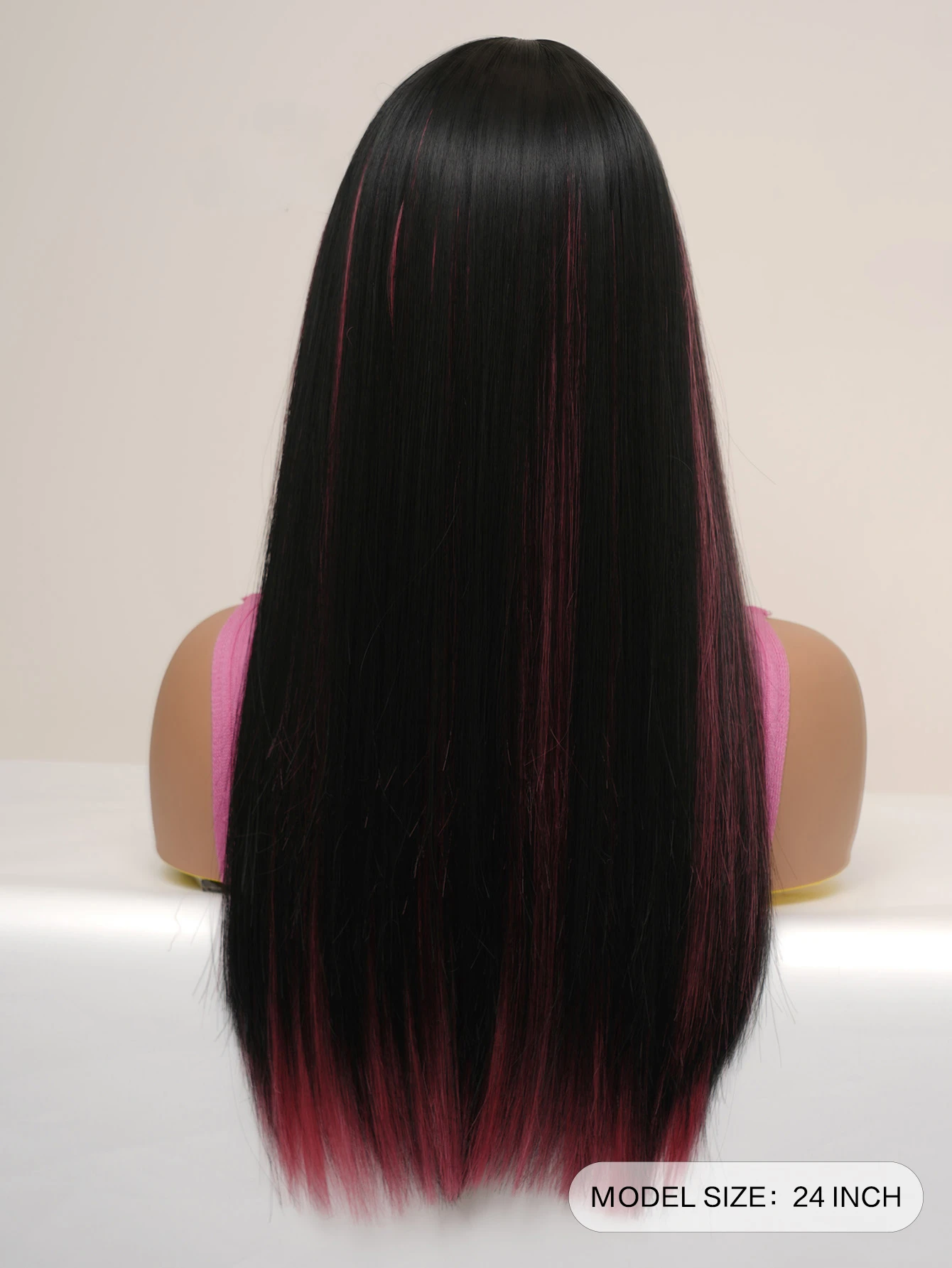 Long straight hair black mixed pink synthetic fiber bangs attractive women suitable daily cosplay Wigs