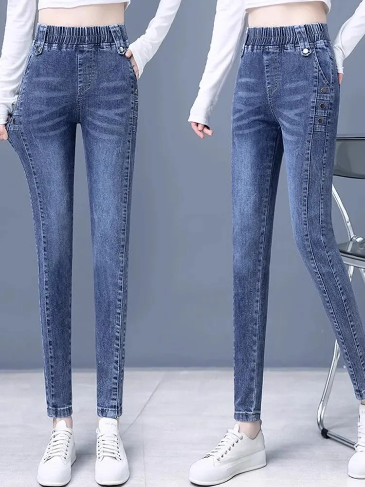 

Джинсы женские прямые с высокой талией, облегающие, эластичные, модные, весна-осень, новые, больших размеров, синие