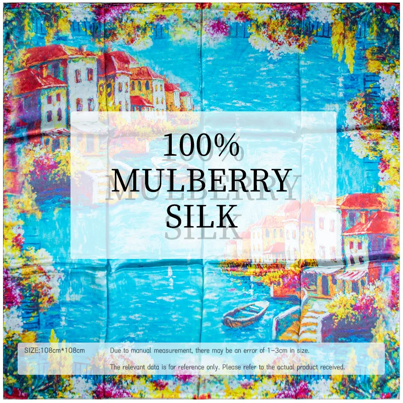 

100% Mulberry Silk Scarf Women 108cm Impressionist Blue Lake Town Print Large Square Shawl Soft Satin Luxury Fashion Wrap