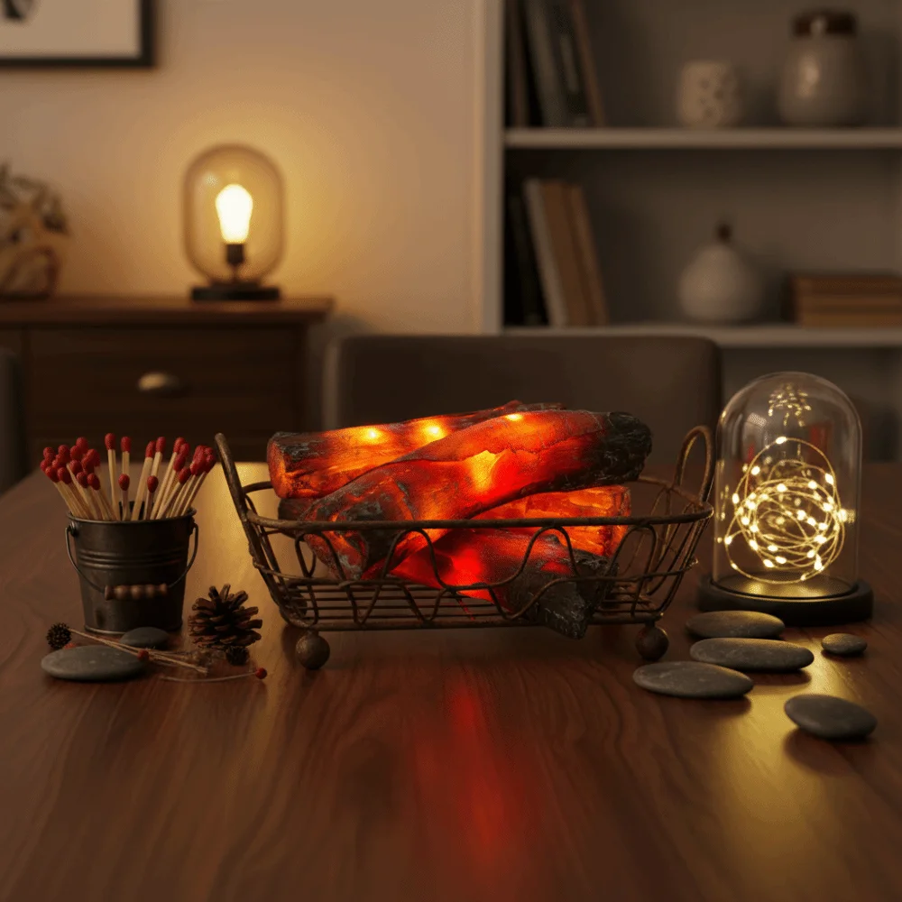 

Transparent Resin Transparent Resin Simulation Charcoal Strip Simulation Design LED Lights Simulation wood Stack 4pcs/set