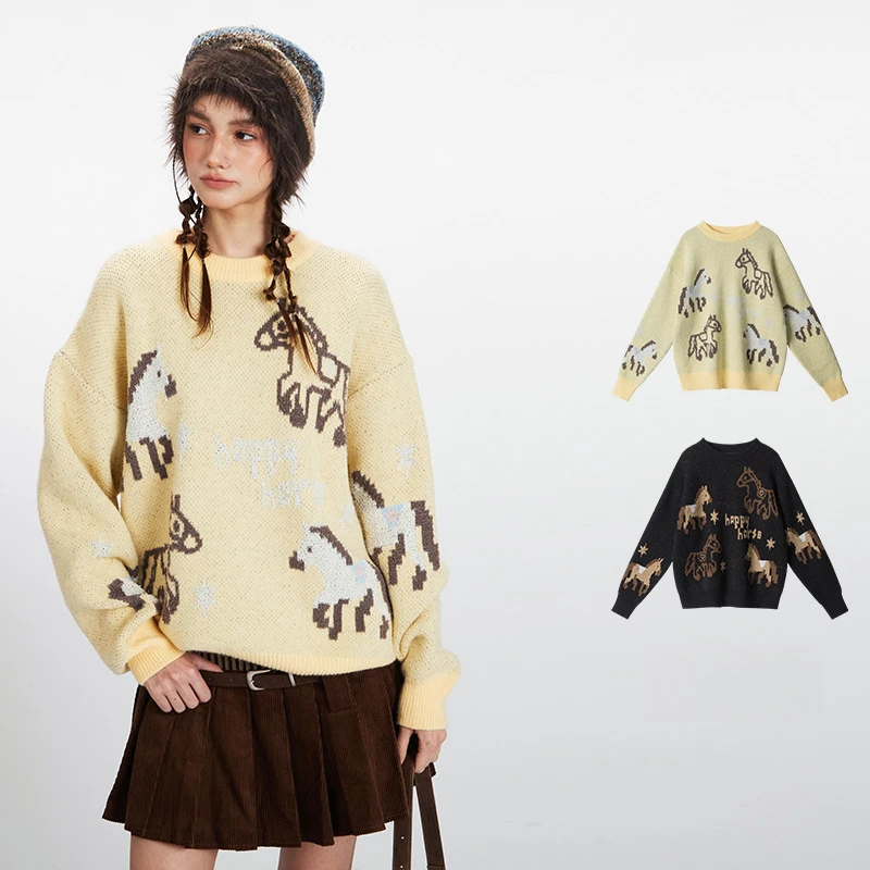 

Women's New Arrival Winter Crew Neck Knitted Sweater Pony Cartoon Pattern Oversized Office Versatile Warm Yellow Fashion Top