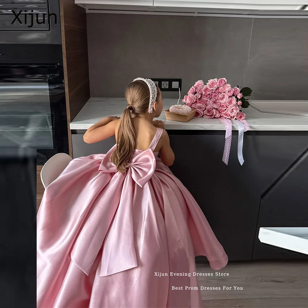

Xijun Princess Pink Satin Flower Girl Dresses Bow Back Beads A-Line Wedding Party Dresses For Kids Birthday Dresses Customized