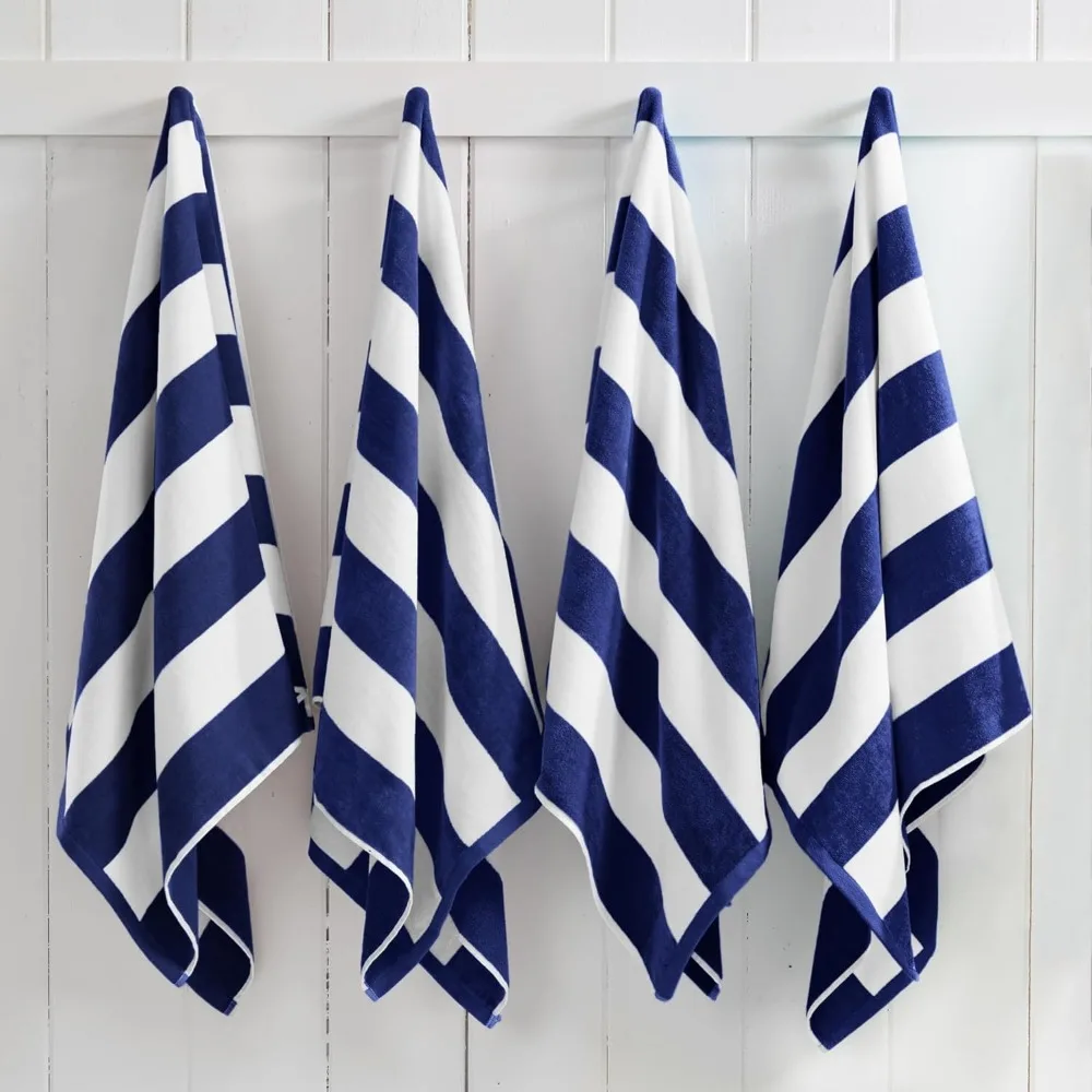 

Four Pack Quick Dry Cotton Velour Beach Towels Navy Cabana Stripe 30x60