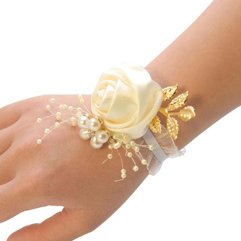 Pulsera de rosa de imitación para dama de honor, ramillete de muñeca para boda, lazo de perlas, regalos nupciales, flores de mano, suministros para fiesta de graduación, cinta de poliéster