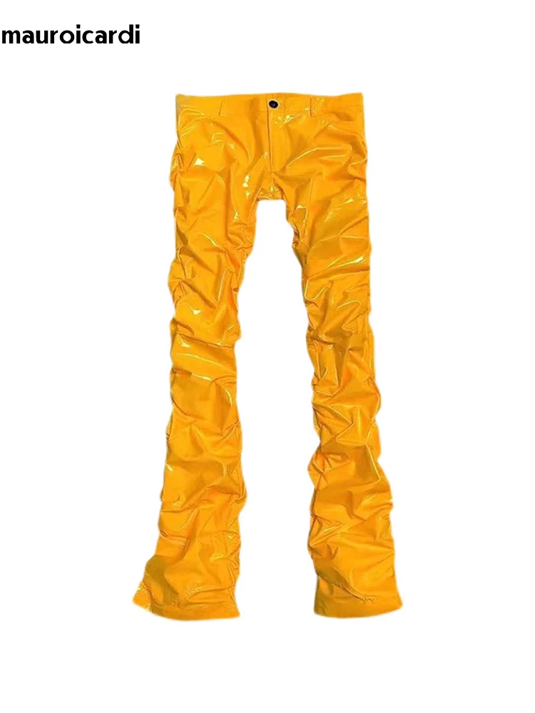 Mauroicardi Spring Autumn Yellow Blue Shiny Reflective Stretchy Soft PVC Faux Leather Stacked Pants for Men 2023 Y2K Streetwear