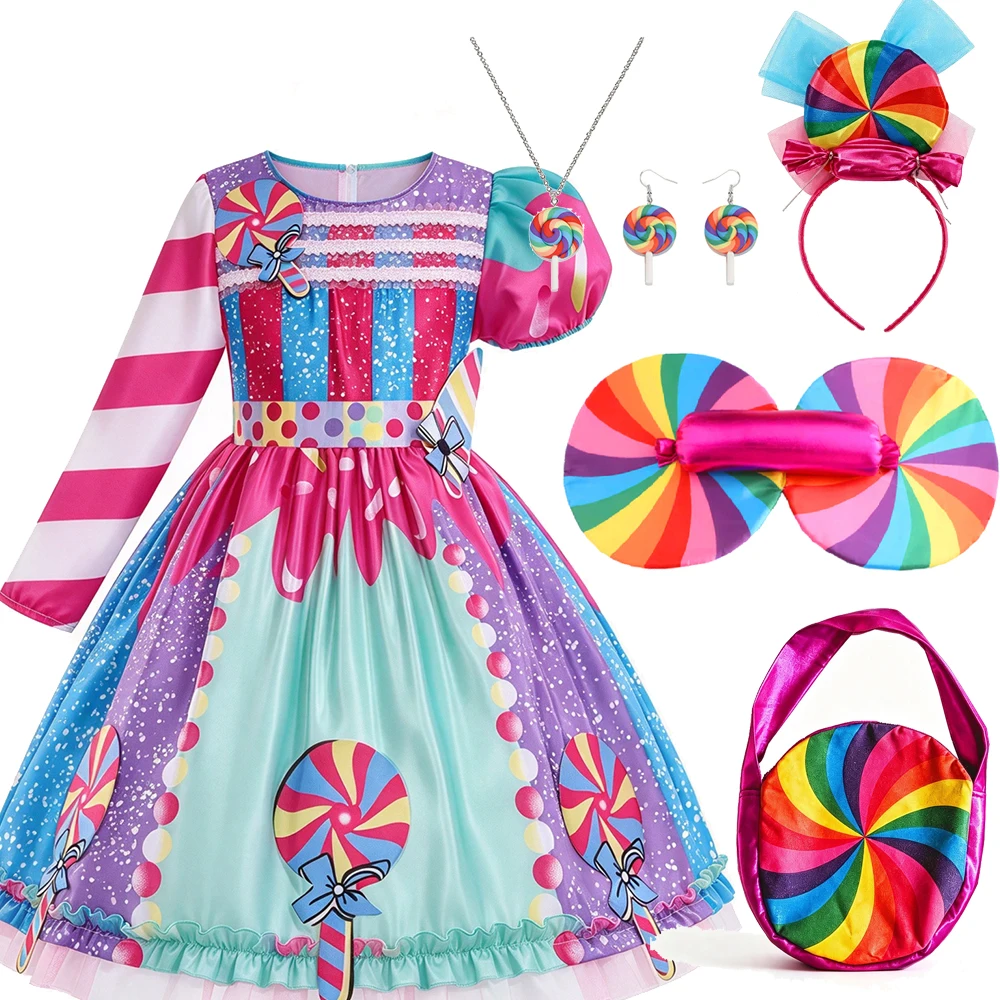 2026 Kinder Purim Verkleidung Regenbogen-Süßigkeitenkleid mit Stirnband Lollipop Cosplay Kostüm Kinderkleid Geburtstag Karneval Party Geschenk – Detail 7