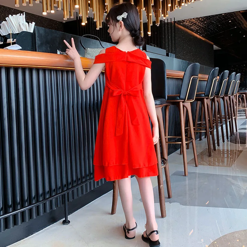 Summer one-shoulder girl's dress comfortable 2022 new holiday party princess dress new children's skirt round neck cheap short