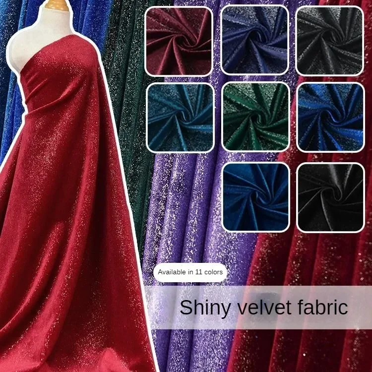 4 Sides Stretch Shiny Velour Fabric By The Meter for Dress Clothes Decoration Sewing Sequins Velvet Cloth Soft Smooth Blue Black