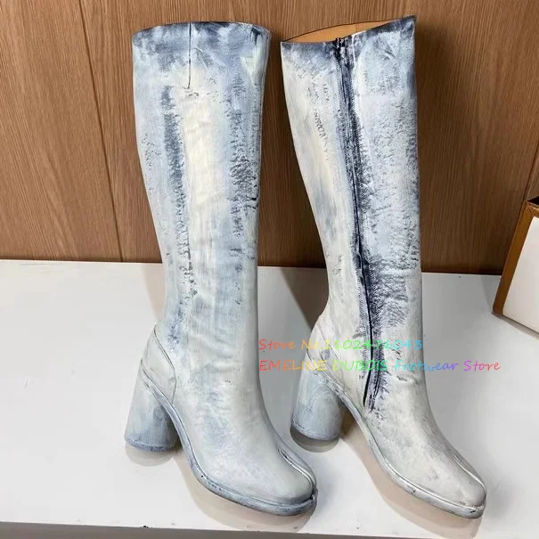 Designer Brand Zipper Knee High Boots Women Split Toe Speckled Ink Hand-painted Genuine Leather Thick Heel Fashion Shoes