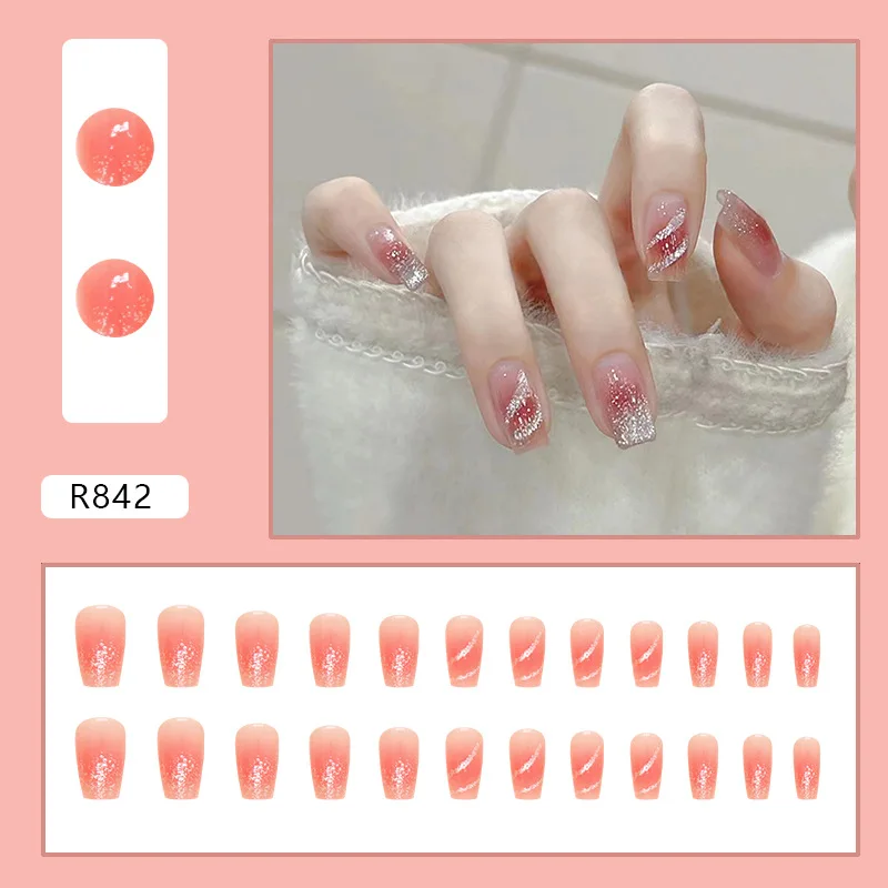 

24pcs Long Coffin Fake Nails - Pink Glitter Ombre Trendy & Insta-Worthy Thin French Design (Multi-Size Fit)