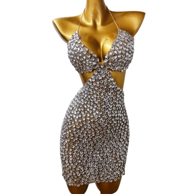 

Sexy Backless V-neck Halter Rhinestones Dress Women Celebrity Singer Stage Performance Outfit Birthday Prom Party Costume