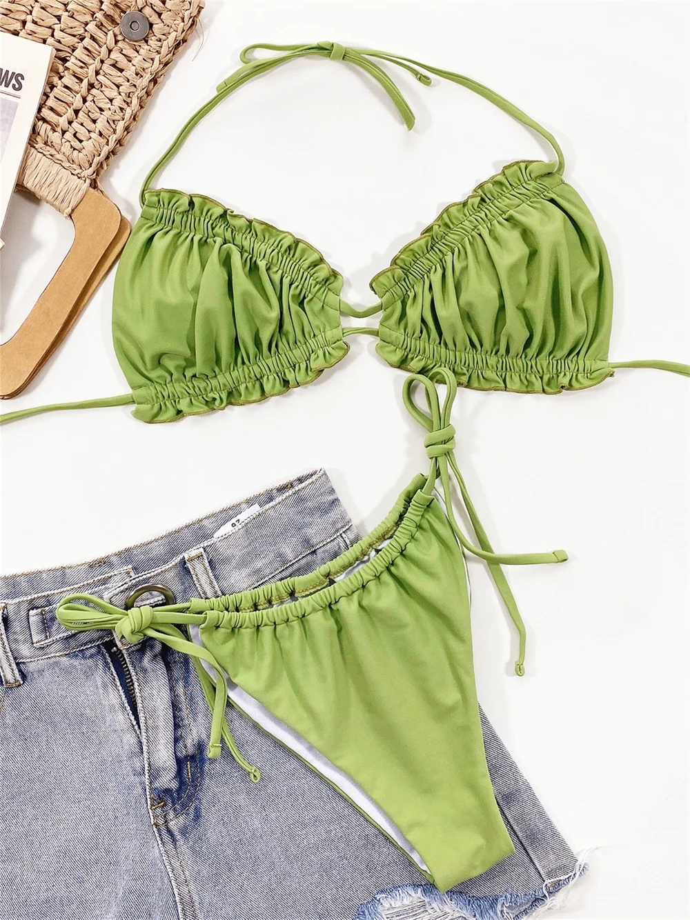 Sexy Green Y2k Swimwear Ruffled Pleated Bikini Micro String Extreme Backless Bandeau Swimsuit Women Hollow Out Beach Outfit Sets