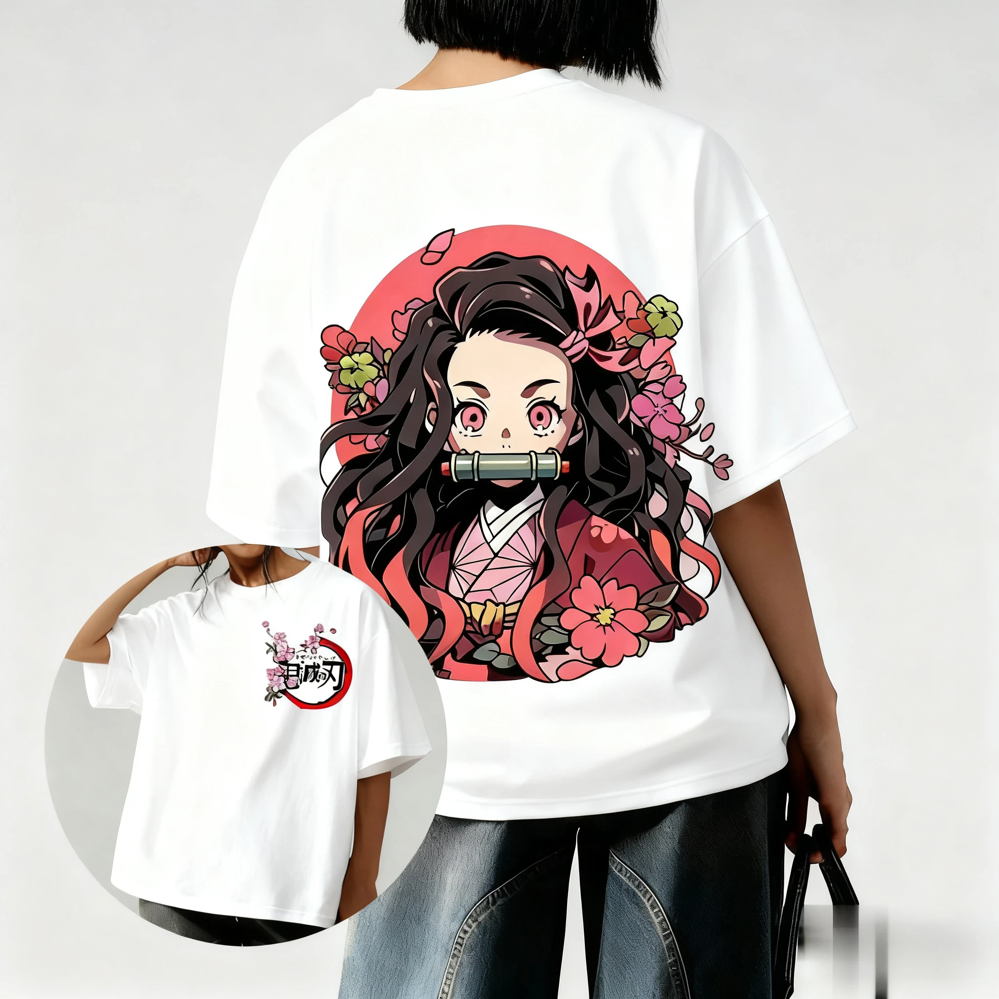 귀멸의 칼날 애니메이션 네즈코 프린트 티셔츠 2026 여성 여름 신상 하라주쿠 루즈핏 캐주얼 부모 자녀 반팔 상의