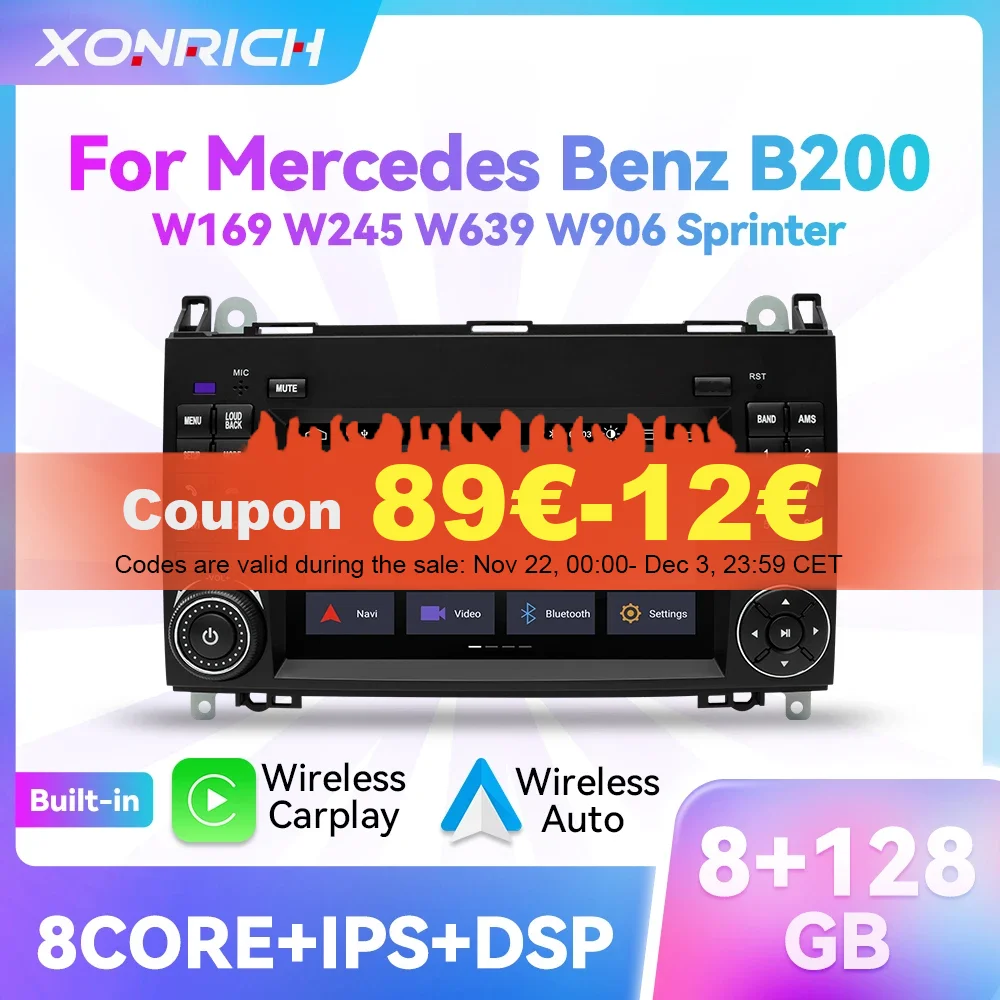 Wireless Carplay Android 14 8GB 128GB Car Radio For Mercedes Benz B200 Sprinter W906 W639 AB Class W169 W245 Viano Vito GPS DSP