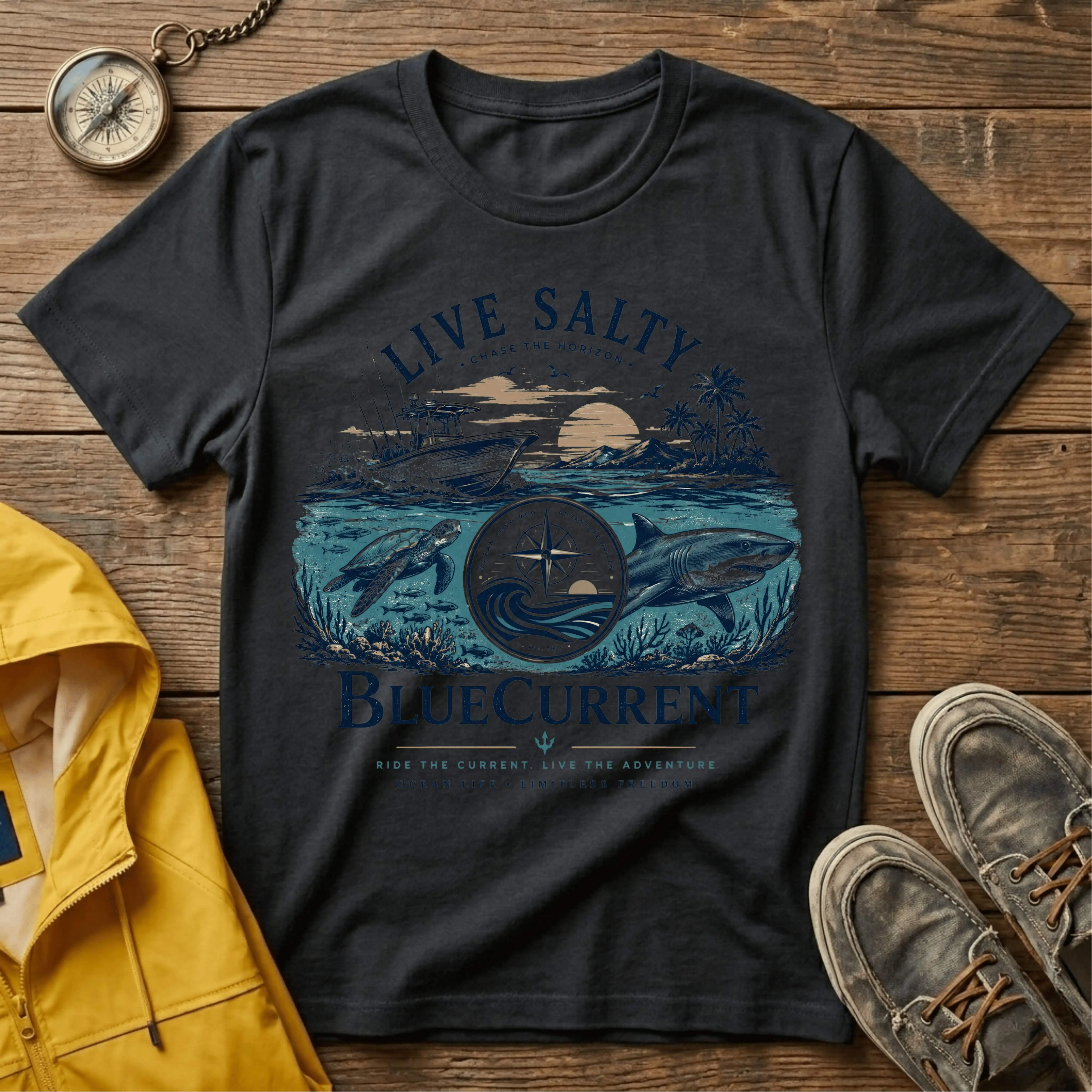 Retro Deep Sea Fishing Boat Marine Animal Graphic Tee Cotton Mens Womens T-Shirt Summer Outdoor Casual Top