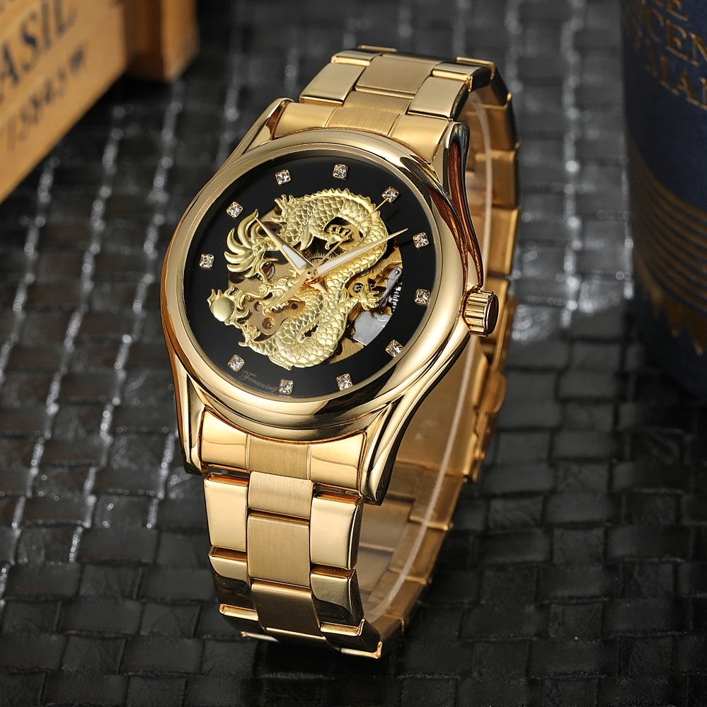 

FORSINING Высококачественные роскошные часы с 3D драконом, мужские часы оригинального дизайна с бриллиантами, автоматические механические часы из нержавеющей стали