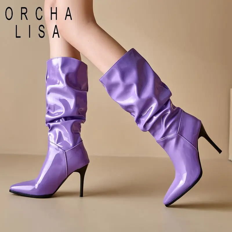 

ORCHA LISA 2025 Сексуальные женские сапоги до середины икры с квадратным носком на высоком каблуке 9 см, слипоны, большой размер 46-48, модные повседневные ботинки для свиданий и вечеринок Bota