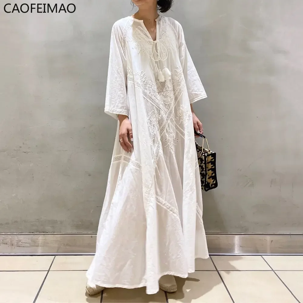 

Women's Summer Dress 2025 Loose Embroidered White Lace V-Neck Long Beach Dress Elegant Dress Holiday Women's White
