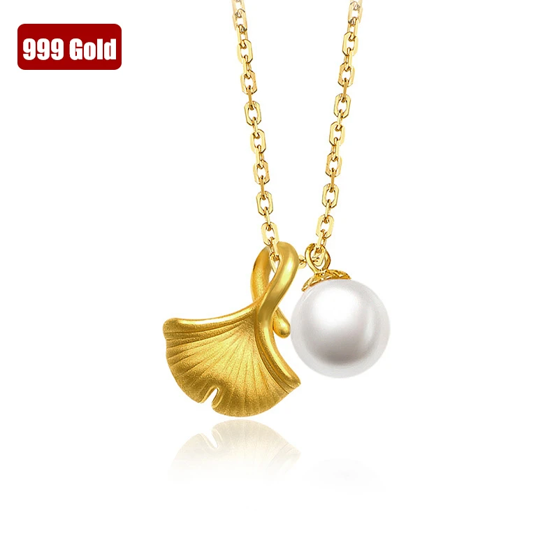 

Genuine 999 Pure Real Gold 24K Apricot Leaf Pearl Pendant Necklace Fine Jewelry For Woman Classic Gift Birthday Present