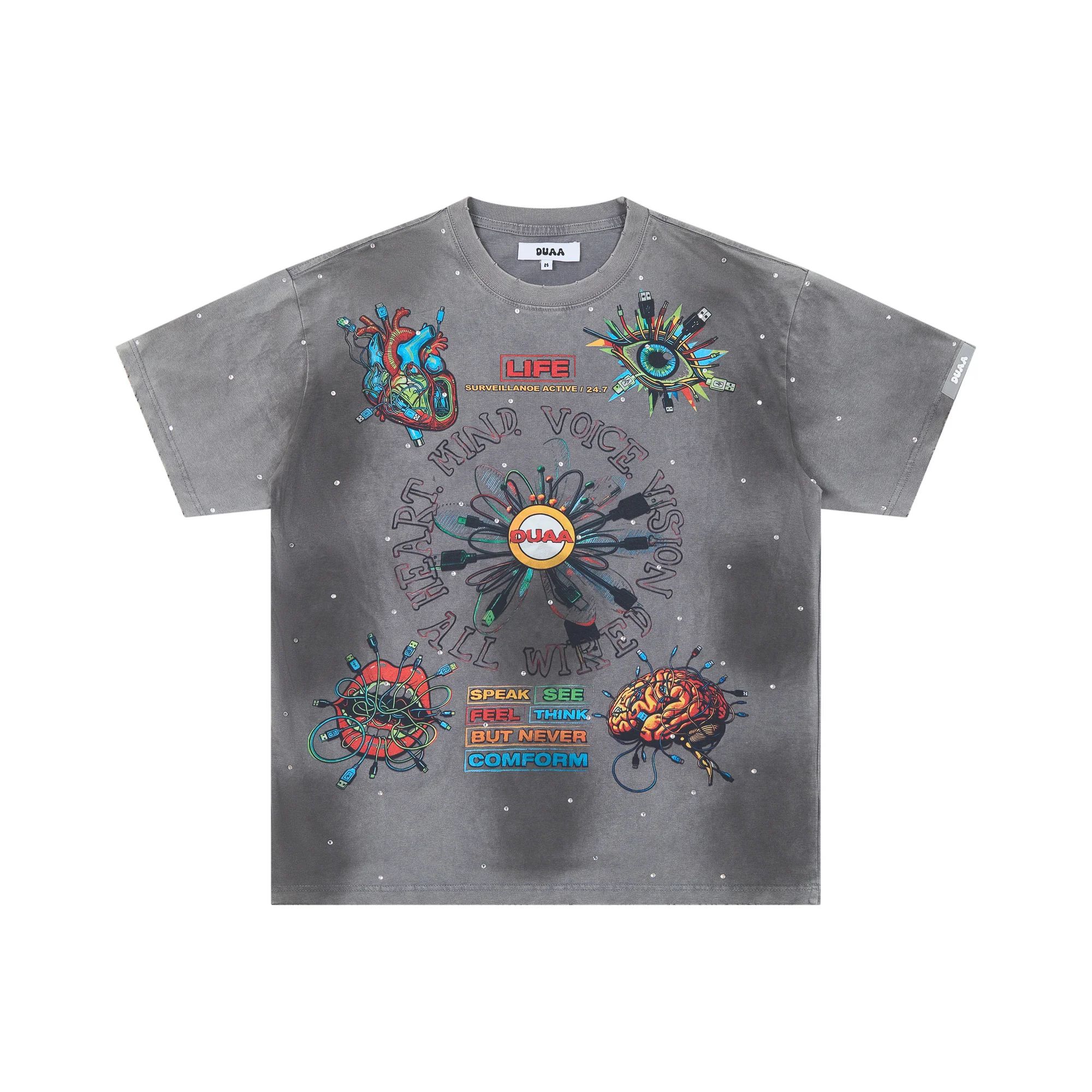 2025 New American men's and  women's Washing process graffiti sticker print casual short T-shirt loose short sleeve T-shirt