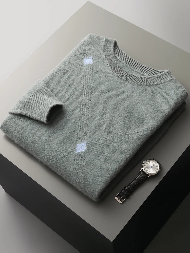CHICUU Luxury Autumn Winter Men Cashmere Sweater O-neck Smart Casual Pullover 100% Cashmere Knitwear Soft Warm Rhombus Design