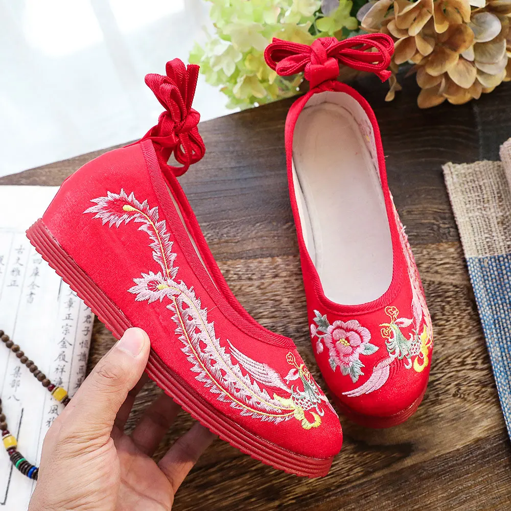Veowalk VintageAnkle Strap Chinese Style Women Embroidered Red Wedding Shoes High End Elegant Ladies Comfortable Bridal Flat image 3