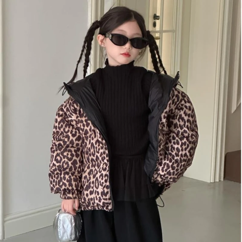 Girl Coat Teenage Leopard Print Double-sided Hooded Cotton Jacket High Street Harajuku Retro Warm Winter Padded Jacket Clothing