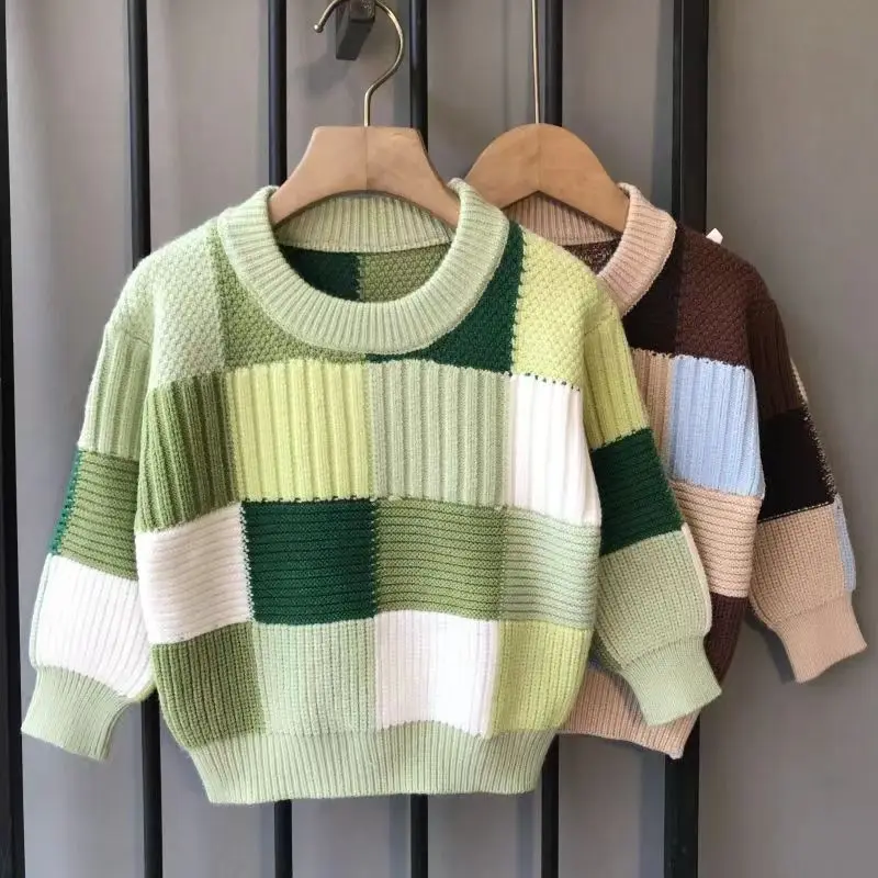 Boys' Knitted Sweater Spring and Autumn Korean Edition Children's Checker Loose Bottom Winter Kids Baby Sweater 2-7Y