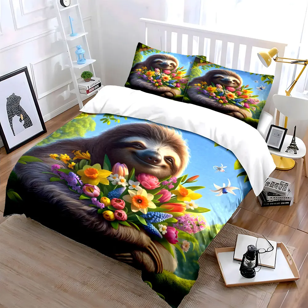 Sloth Holding Vibrant Bouquet Pattern Duvet Cover Set Digital Print Colorful Polyester Bedding with Zipper Closur for kids gifts