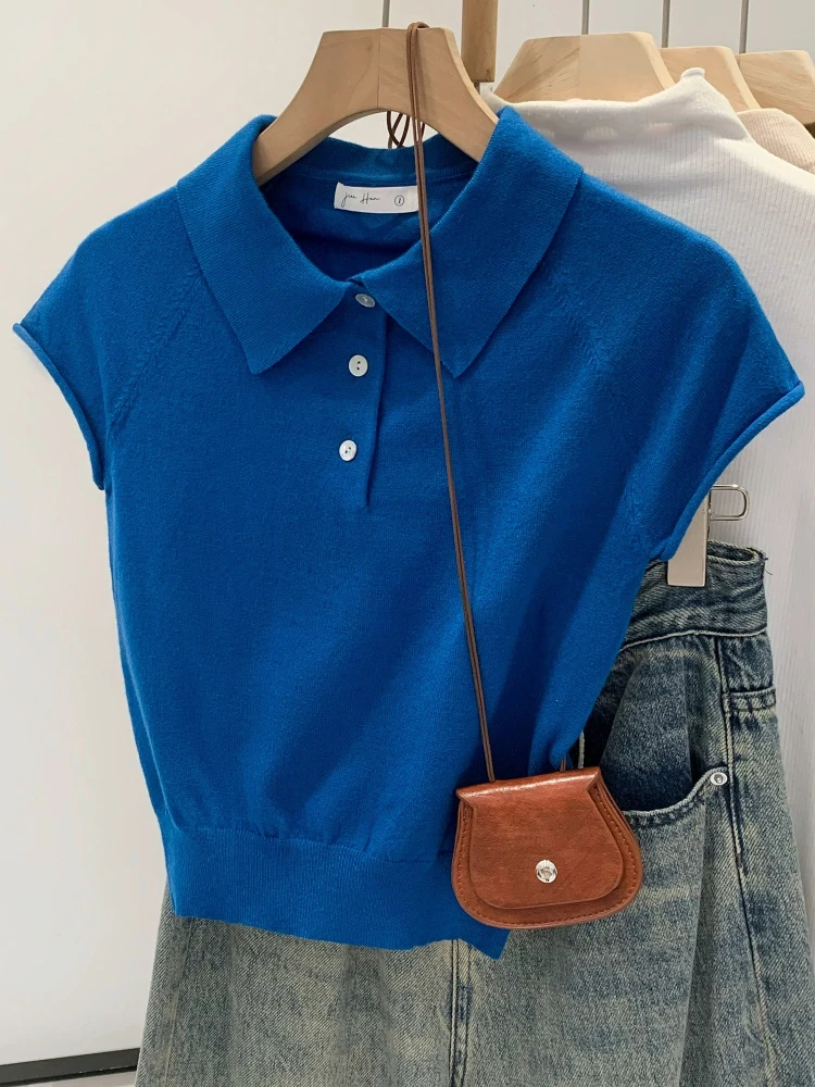 zjaiss Unique Chic Casual Tee 2026 New Summer Navy Polo Collar Women T-Shirt Fashion Solid Color Short Sleeve Knit Top