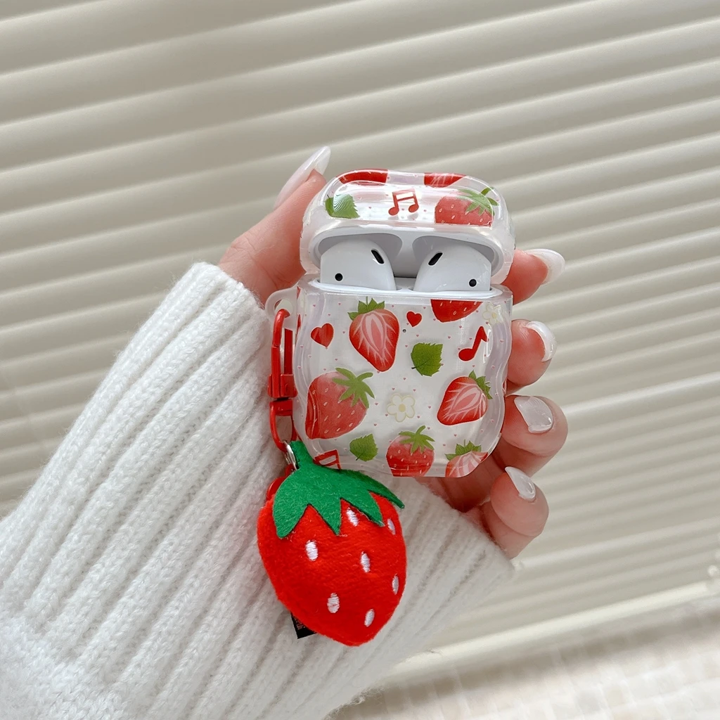 Funda para auriculares con colgante, notas musicales con corazón de amor y fresas frescas y dulces para AirPods 1 o 2 3 4 Pro 2 Pro 3