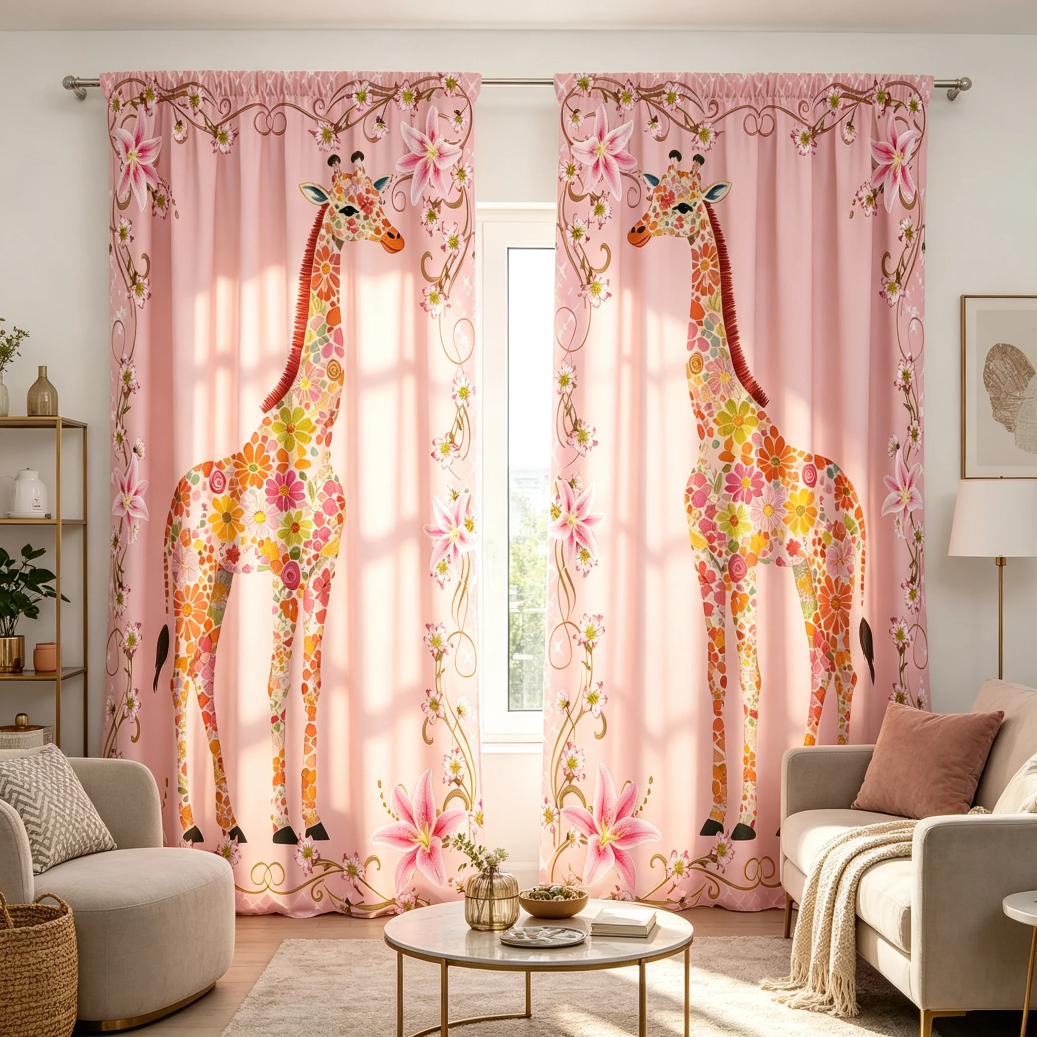 Two pink giraffe background printed curtains for home decoration - pole mouth curtains suitable for bedrooms, offices, kitchens
