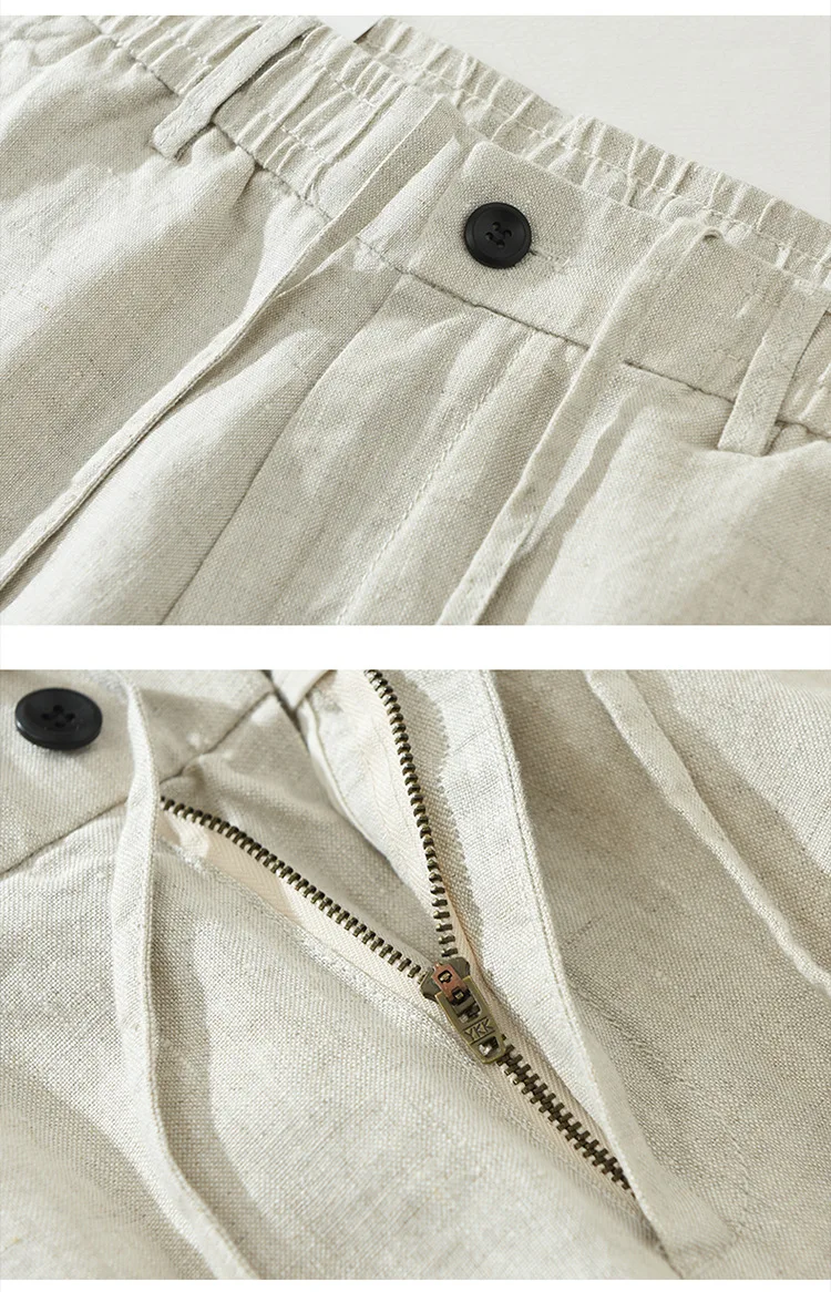 Men's linen casual pants, drawstring elastic waist, loose and breathable linen beach trousers