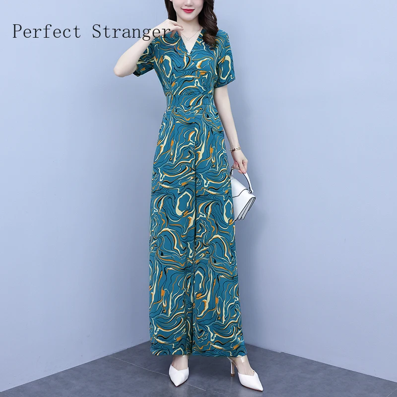 Jumpsuits Women Elegant for Party 2022  Jumpsuit Short Sleeve High Waisted  Printed V Neck Long Rompers Office Overalls