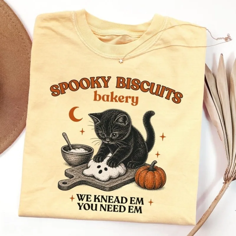 Halloween Black Cat Bakery Graphic T‑Shirt Women Spooky Biscuits Funny Fall Short Sleeve Tee Retro Casual Autumn Tops