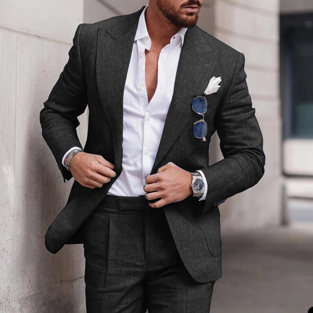 

2024 Linen Suits For Men Beach Wedding Slim Fit Jacket Pants 2 Piece Set Smart Casual Blazer Trouser High Quality Males Clothing