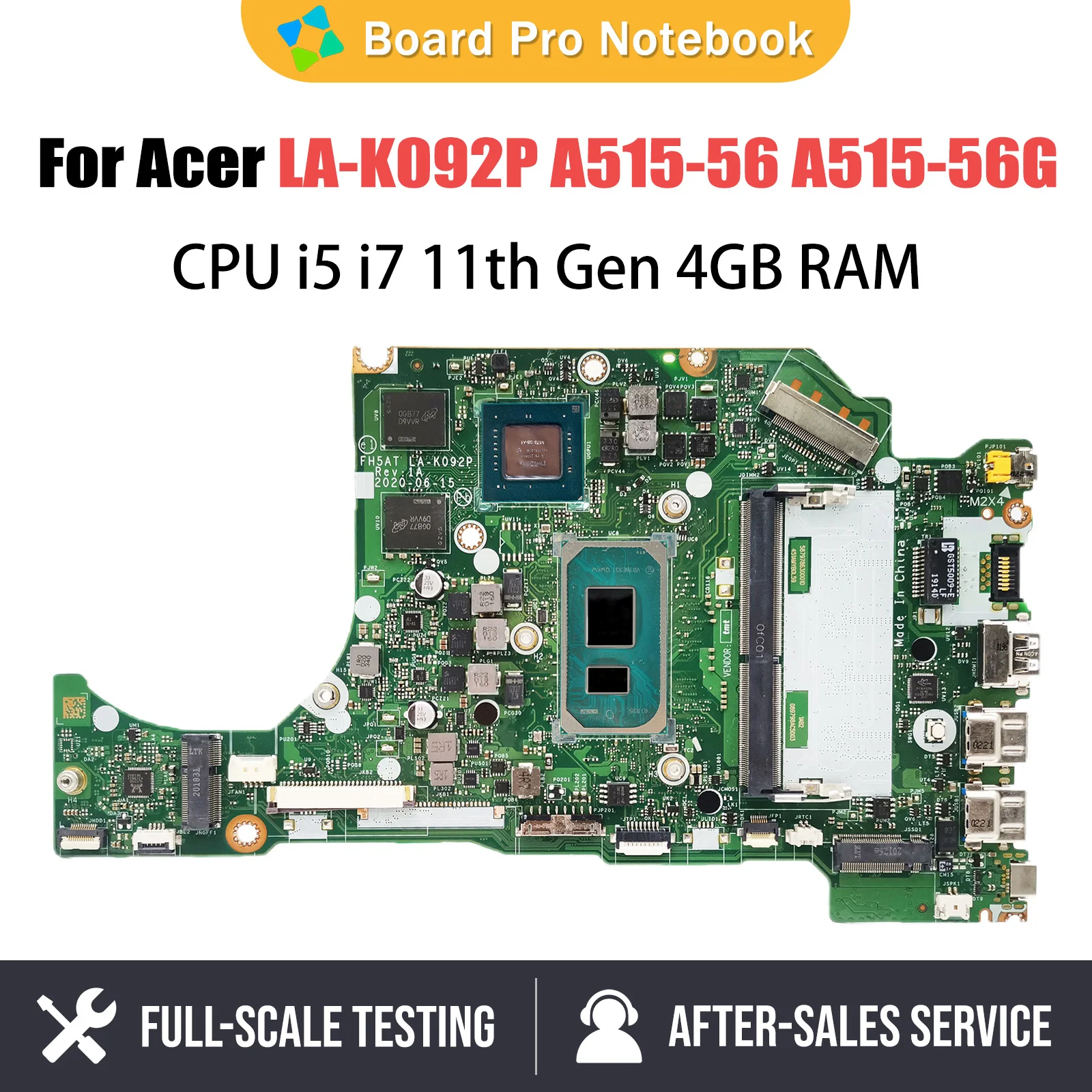 Computer Mainboard For Acer Aspire A515-56 A515-56G LA-K092P Laptop Motherboard NBAAP11004 i7-1165G7 CPU MX350-2G GPU 4GB RAM