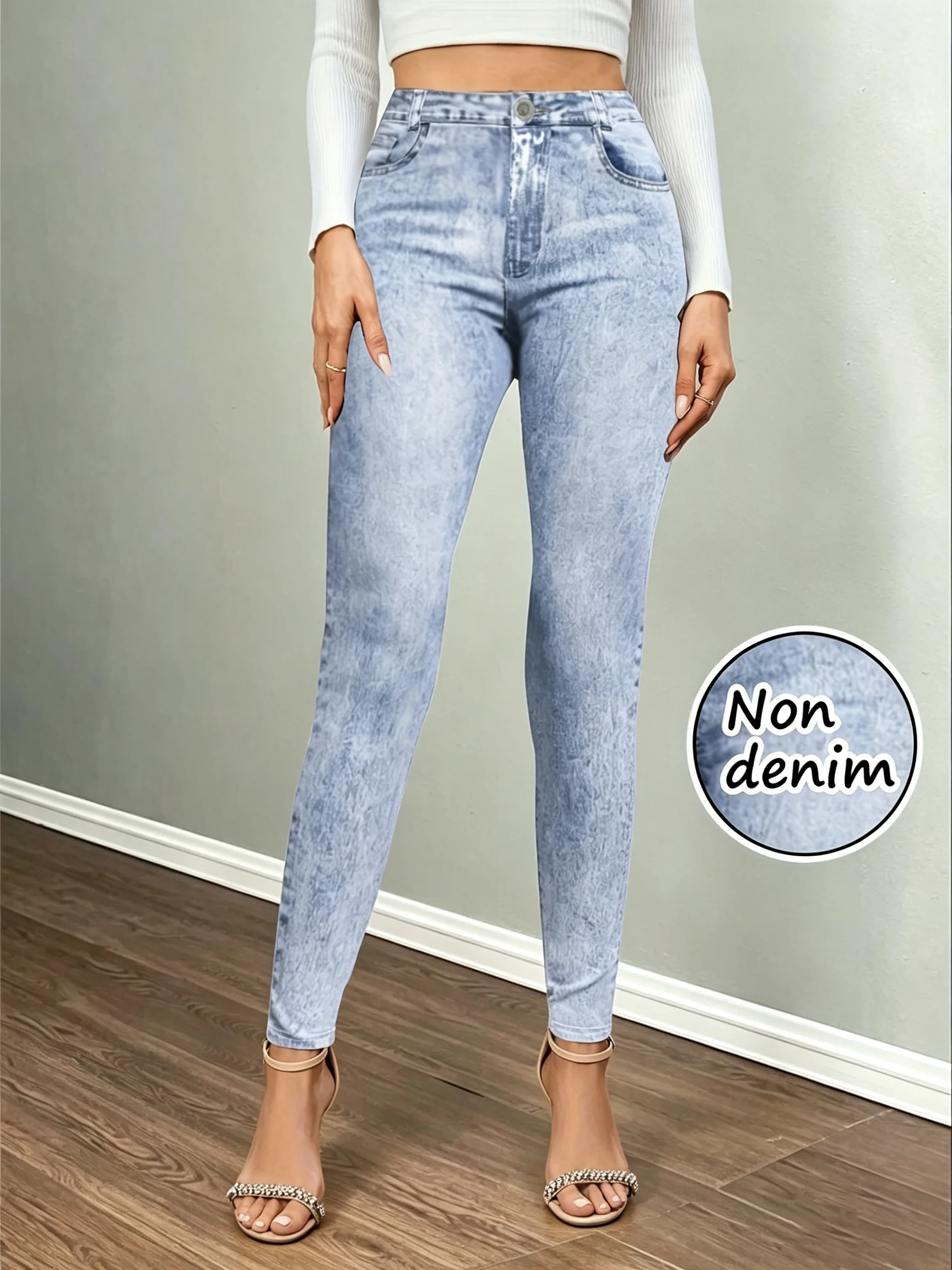 Women's Imitation Denim Leggings, High waist Booty Lifting Stretchy Comfortable Tummy Control Fitness Gym Yoga Pants Daily Wear