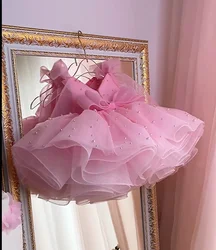 New Puffy Baby Girl Birthday Dress with Bow Pearls Decoration Infant Lolita Tutu Christening Gown Flower Girl Dress Wedding