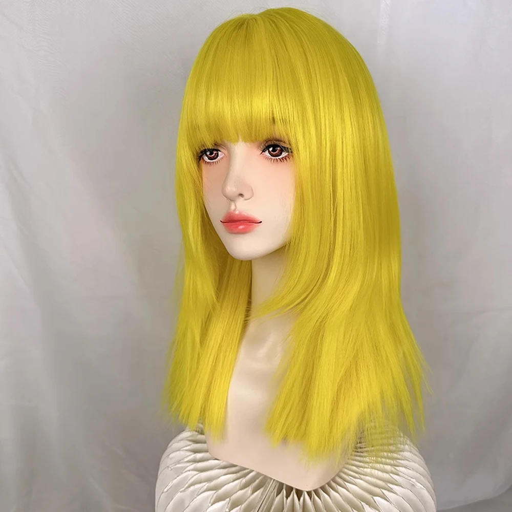 Synthetic Long Straight Yellow Women Wig with Bangs Fluffy Lolita Cosplay Heat Resistant Wig for Daily Party