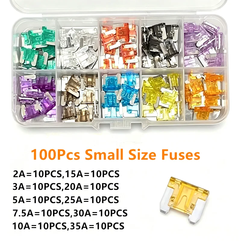 100Pcs Small Car Blade Fuses  Amp Set Automotive Fuse Assorted Kit with Storage Box Electrical Vehicle Accessories
