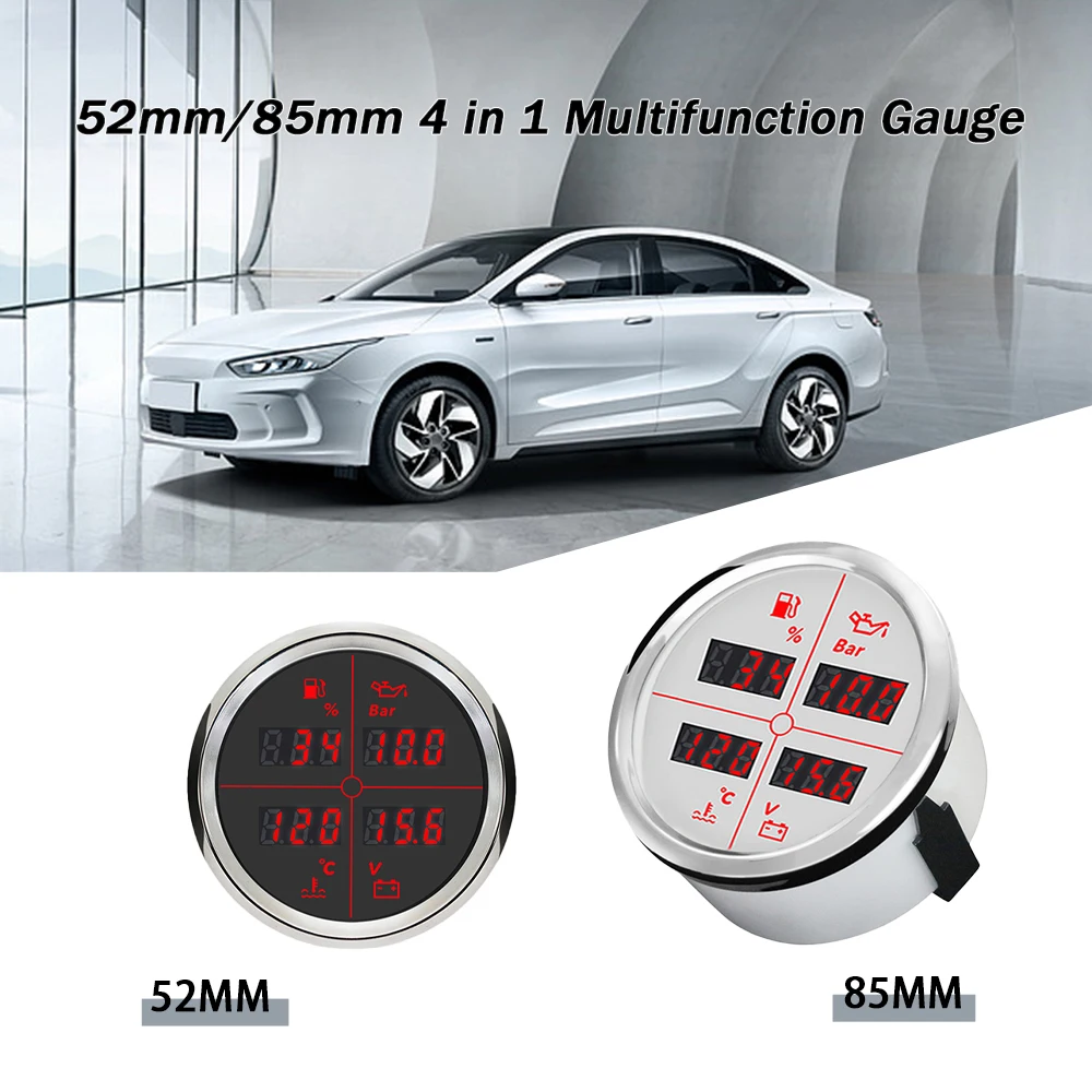 

ELING Car Boat 52mm 85mm 4 in 1 Multifunction Gauge with Fuel Level Oil Pressure Water Temp. Voltmeter and 8 Colors Backlight