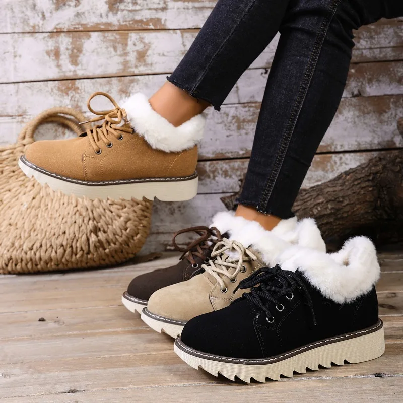 

2025 Winter Vintage Warm Hairy Low Top Non Slip Cotton Shoes for Women Retro Solid Versatile Plush Comfortable Chunky Snow Shoes