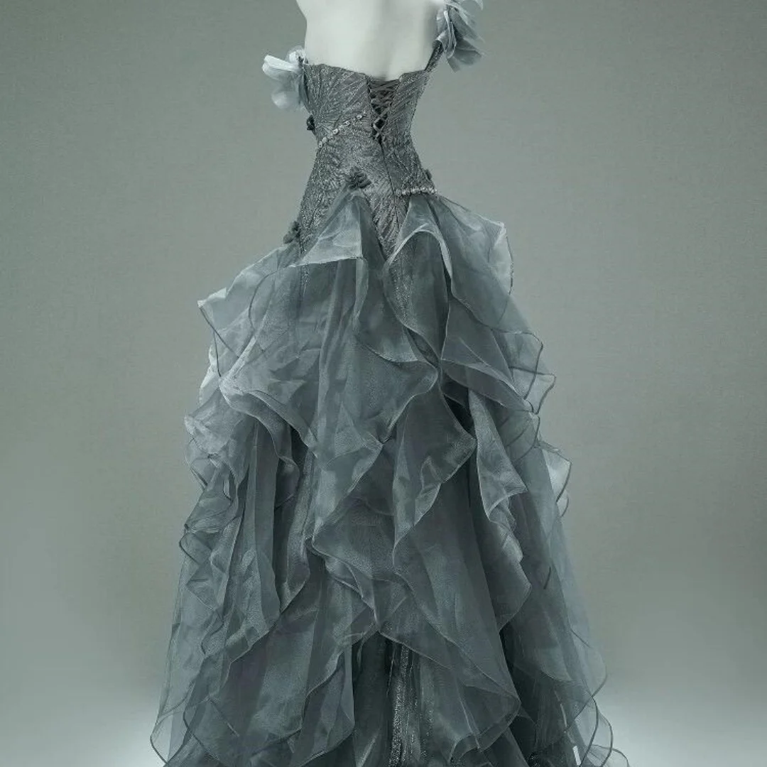 Statuesque Quinceanera Dresses Grey Tulle Mermaid Customized One Shoulder Beading 3D Flowers Ruffled vestidos de 15 años