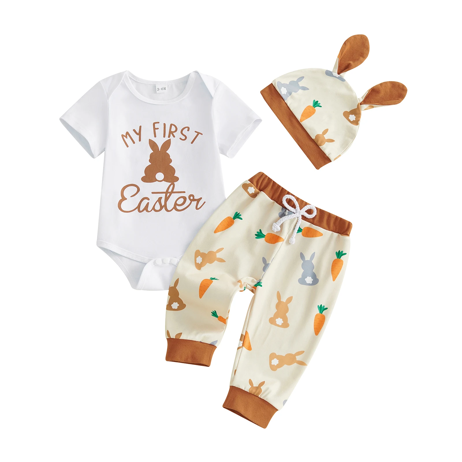 

Очаровательный пасхальный наряд для новорожденных с принтом кролика, боди с длинными рукавами, штаны и шапочка, комплект из 3 предметов для мальчика или девочки