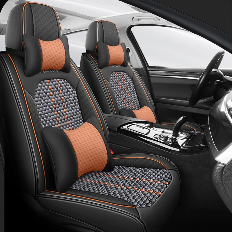 

Front Row Double Seats, Luxurious Ice Silk and Nappa Leather Car Seat Covers, Universal Fit for Various Models, Suitable for All Seasons, Comfortable and Wear-Resistant, with Side Support Wings, Paired with Luxurious and Comfortable Headrests and Lumbar S