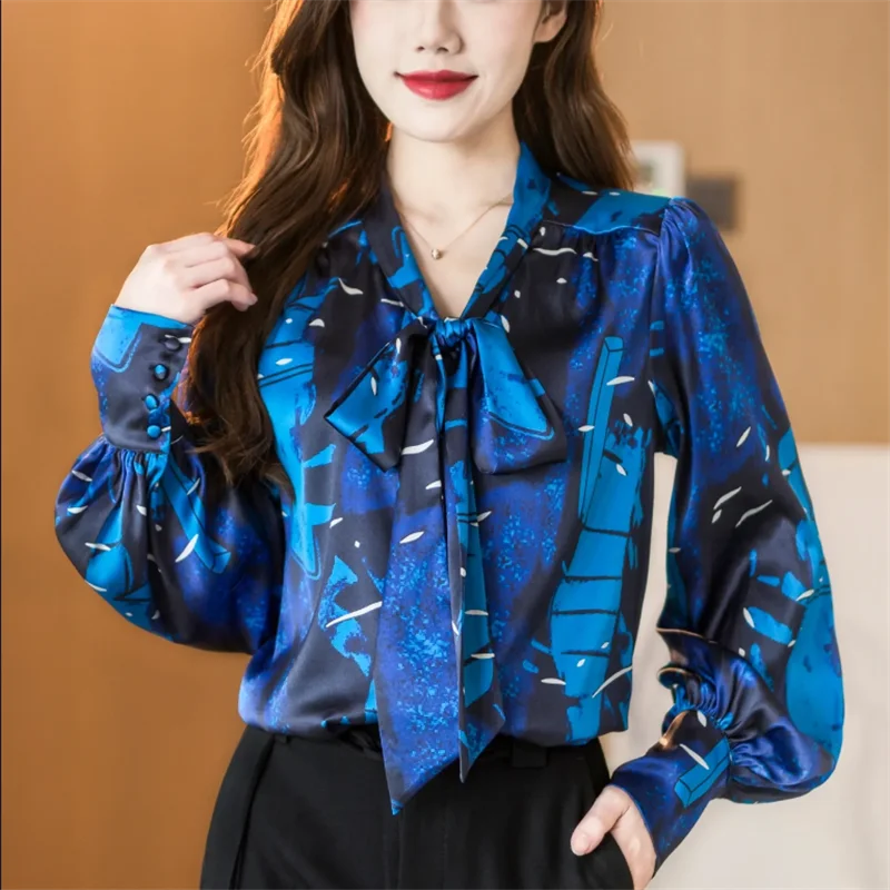 Satin Shirt Women\'s New Blouses Fashionable V-Neck Ribbon Shirt Ladies Blous Printed Lantern Sleeve Top Temperament Female Shirt