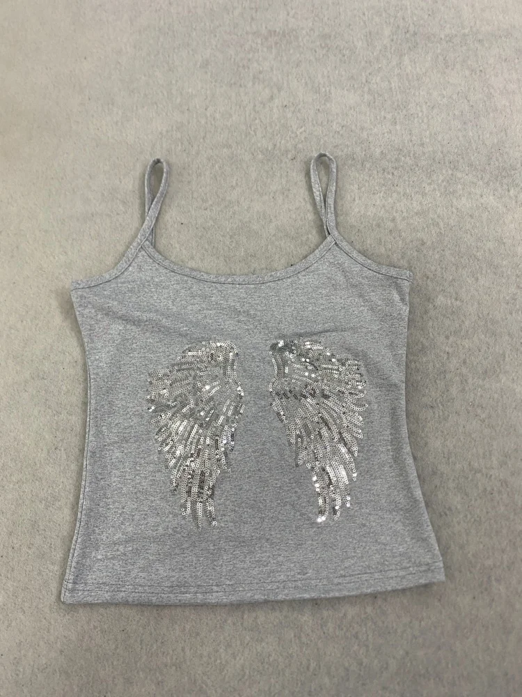 Women Y2K Heather Gray Cami Tank Top Silver Sequin Angel Wing Slim Cropped Camisole