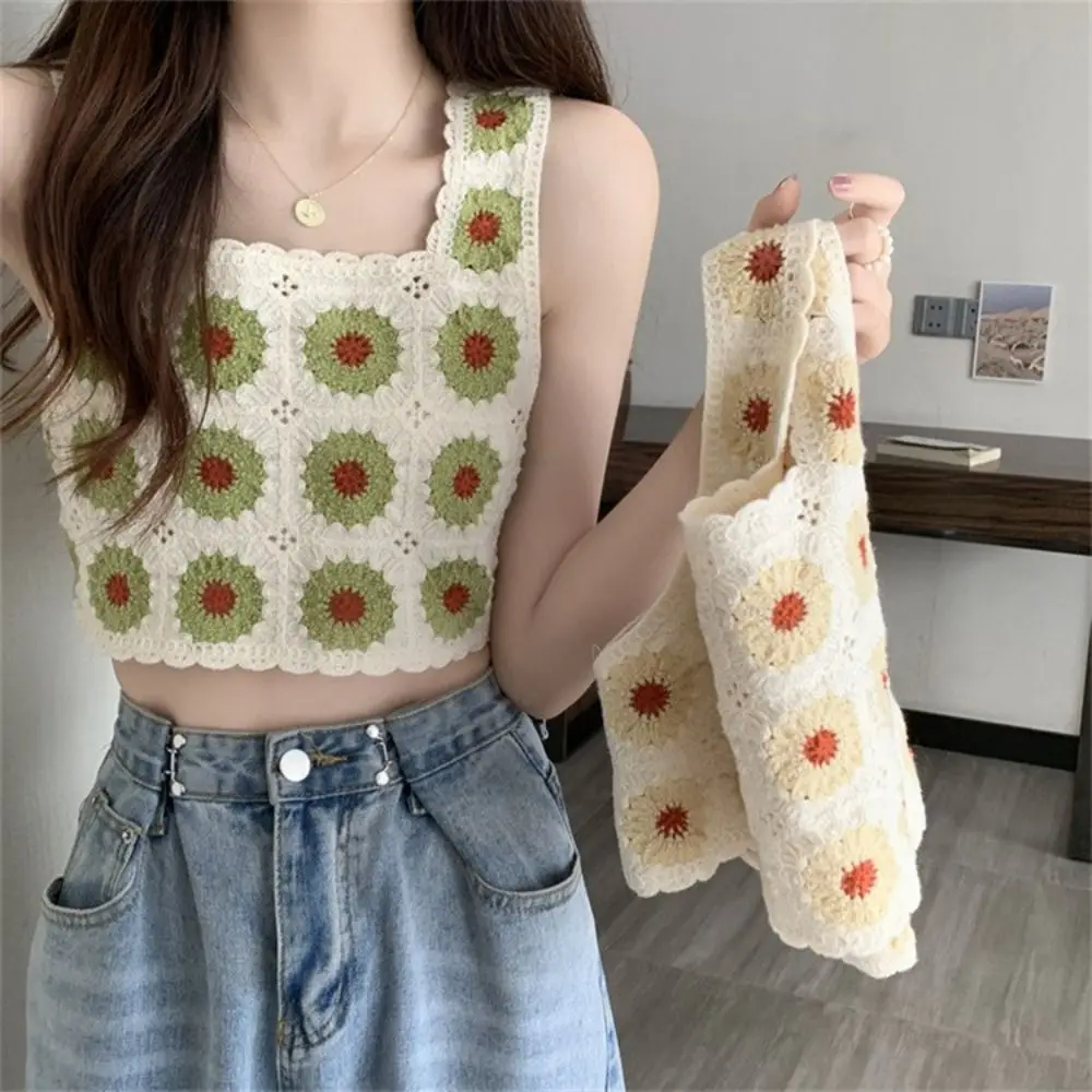 

New Women Hollow Sleeveless Suspender Camisole Cotton Sweet Crochet Vest Floral Embroidery Beach Front Crop Tops